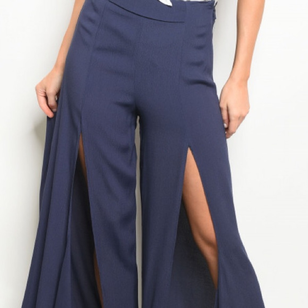 Navy Slit Wide Leg Trousers Pants - Picture 4 of 6